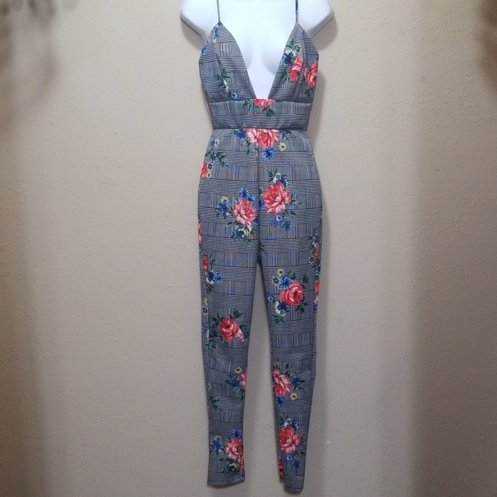 Black Checkered, Floral Jumpsuit